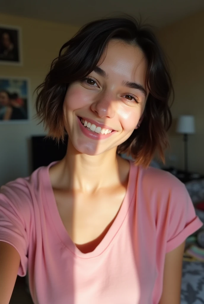 Selfie of a very beautiful and sexy white skinned girl with freckles, Short black hair, Small and white、He is wearing an open-necked T-shirt and very short jeans., Sitting in the square, smile, big pointy breasts, big , A lot of cleavage is visible, Dark blue eyes, Fuller lips, Small, delicate, pointed nose, Very detailed, 1, slim, Innocent face, かわいいsmile, Taken with iPhone, Deep writing depth, Everything is in focus, Spread your legs, 美しく可愛いsmileを見せる, tilt your head slightly