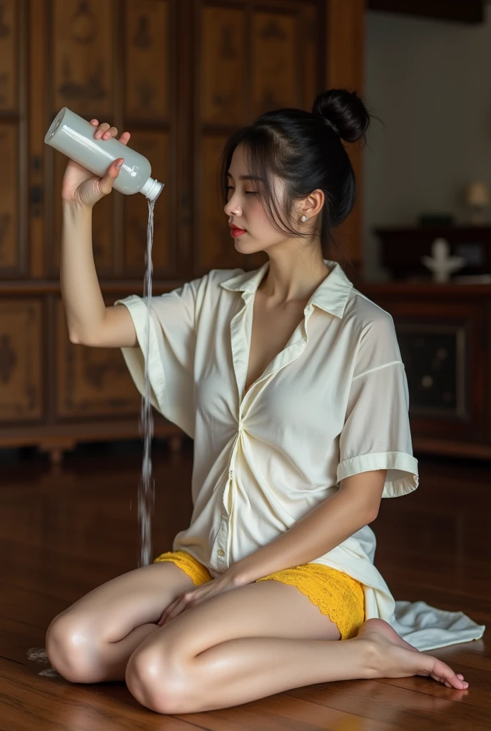 A slim, beautiful Asian woman in her 20s is drinking water in a clear cup. Women are soaked in sweat after exercising.