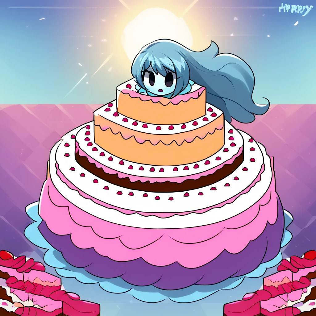 Living cake, score_9, score_8_up,  by fizintine
 sp00kjsm, 1girl, solo, aqua skin, colored skin, blue hair, long hair, solid oval eyes, black eyes, defspooky, lightblue dress, dress, Content:1.2,  floating, in city, fat, chubby, obese, gigantic arms and legs, blush,