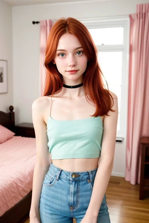 RAW photo, close, (yo skinny redhead girl:1.2), (( Body )) dimples on the cheeks , blush, graphic eyeliner , rouge, ( lipstick:0.6), (choker:0.9), realistic skin texture , (red:0.8), suave, warm lighting , cozy atmosphere, instagram style, , delgado, fit, beautiful, beautiful, pale skin, the girl does a dance pose in her room she looks happy, usando unos pantalones s vaqueros, bare shoulders ,She wears a short green shirt , s, slim, Slender girl, adolescente slim, three-quarter plane ,