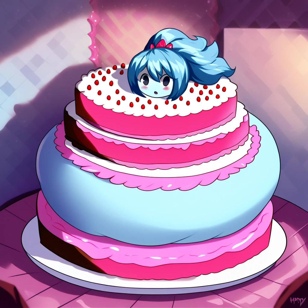 Living cake, score_9, score_8_up,  by fizintine
 sp00kjsm, 1girl, solo, aqua skin, colored skin, blue hair, long hair, solid oval eyes, black eyes, defspooky, lightblue dress, dress, Content:1.2,  floating, indoors, fat, chubby, obese, gigantic arms and legs, blush,