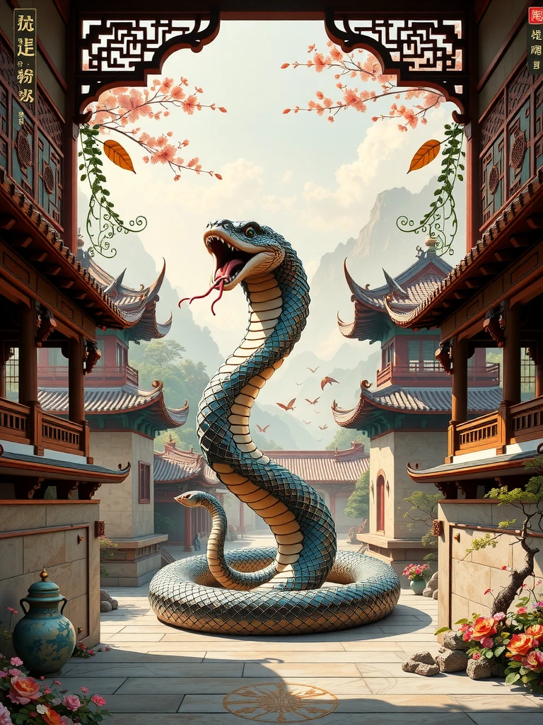 Snake zodiac Chinese style ancient style scene illustration scene magnificent