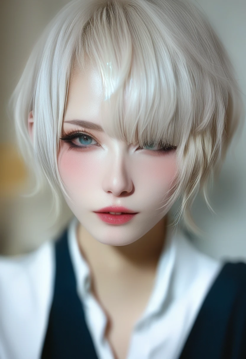 score_9, score_8_up, score_7_up, (8k、 super high resolution 、 top quality、 Masterpiece、Photorealistic、Ultra-high definition), school uniform,
BREAK blonde white hair, hime cut hairstyle, short hair, pale porcelain white skin, natural makeup, blush