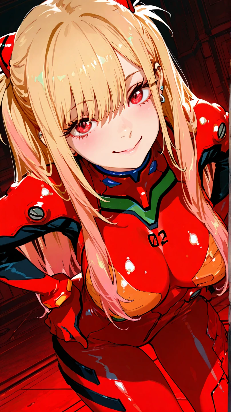 1girl, marin kitagawa, long hair, bangs, blonde hair, red eyes, multicolored hair, souryuu asuka langley \(cosplay\), bodysuit, pilot suit, plugsuit, red bodysuit, interface headset,,red background, smile, hands on hips,, cowboy shot, dutch angle, big breasts, egocentric smile, smile, evil smile,bent over,
HDR, 8K, high contrast,Smooth Quality , masterpiece, best quality, amazing quality, very aesthetic, high resolution, ultra-detailed, absurdres, photorealistic, volumetric lighting, dramatic shadows, cinematic lighting, newest, scenery, holographic colors,high contrast color,illustration, perfect composition,perspective, intricate details, , incredibly absurdres,  cute, gradient colors,  BREAK ,nsfw, ambient occlusion, raytracing, soft lighting, blum effect, absolutely eye-catching,high gamut colors,  glow, shining, intricate cinematic background, (beautiful face),BREAK  highly detailed,BREAK,photo realistic,Dutch angle,BREAK,
nsfw, usnr, 748cmstyle,,shiny skin,
BREAK,beautiful eyes, big eyes, detailed eyes, detailed pupils, perfect body, (reflective eyes),