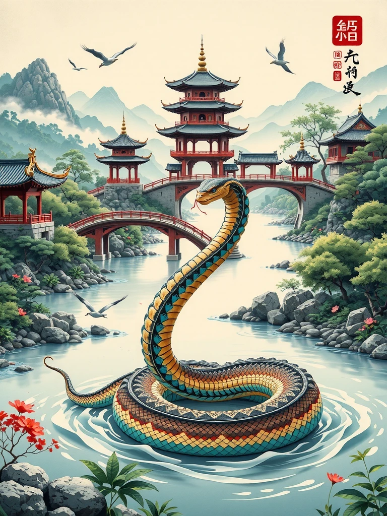 Snake zodiac fusion Chinese style ancient scene illustration The scene of a snake between water and a river is magnificent