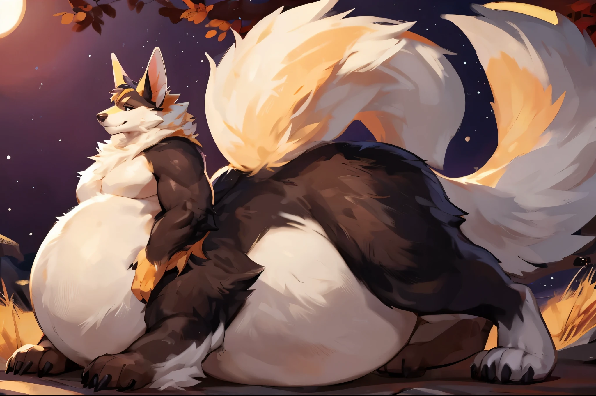 by meridian, (((woman, breasts, antrum, extremely detailed, extremely detailed legs, extremely detailed arms, extremely detailed face, perfectly detailed eyes, perfectly detailed anatomy))): 1.2, meridian_(bonifasko), anthro, female, fox, red fur, red body, very short white hair with a long piece of hair over the eye, purlple eyes, eyelashes, long fox ears, high definition, good anatomy, yellow body, yellow fur, simple background, highly detailed face, multiple tails, dark lighting, moody lighting, full body, sexy body, slanky body, sexy face, nice, hot, cute, night, blushing, friendly smile, smile, friendly, licking lips, elegant, dark, mysterious, alluring, beautiful, NSFW, pussy, crouching, behind view, back, back view, looking back at viewer, pressing ass against viewer's face, low angle view, worm's eye view, first person view, viewer giving cunnilingus, cunnilingus POV, tongue out, licking lips