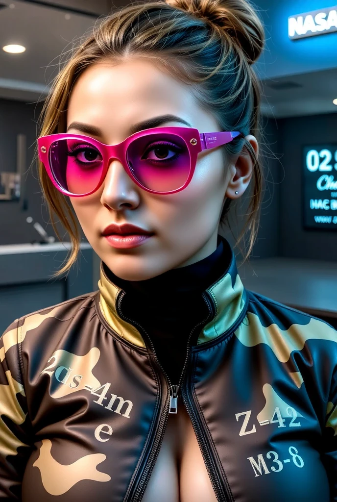 Holographic Art | Portrait of a beautiful girl with a camouflage acid-color jacket and pink-glitter glasses formed by bright mathematical formulas | Radiant, calculations in handwritten style | futuristic, Ciberpunk, technological atmosphere | Photorealistic quality | Dramatic lighting with sharp contrasts | Complex and luminous design | Fascinating and innovative work of art | deep-sea background | (((more detail, enhanced_Holographic-Art)))