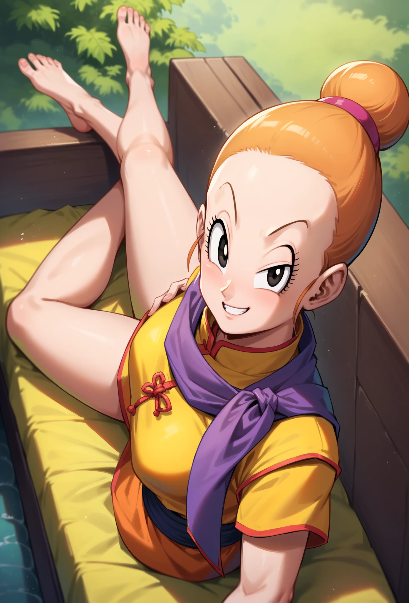 score_9, score_8_up, score_7_up,  ch1ch1, chi-chi (dragon ball), solo, orange chinese clothes, purple scarf, (siting:1.2), happy face, detailed background, forest,Dappled Sunlight, from above, dynamic angle, from side solo, front view, (portrait, upper body), solo focus, seductive smile, looking at viewer, indoors solo, front view, (portrait, upper body), solo focus, seductive smile, looking at viewer, forest shows feet, showing her feet, barefeet, barefoot, seductive smile, spread legs, looking to viewer, lay on bed, bed, layed, from above, above view, legs up