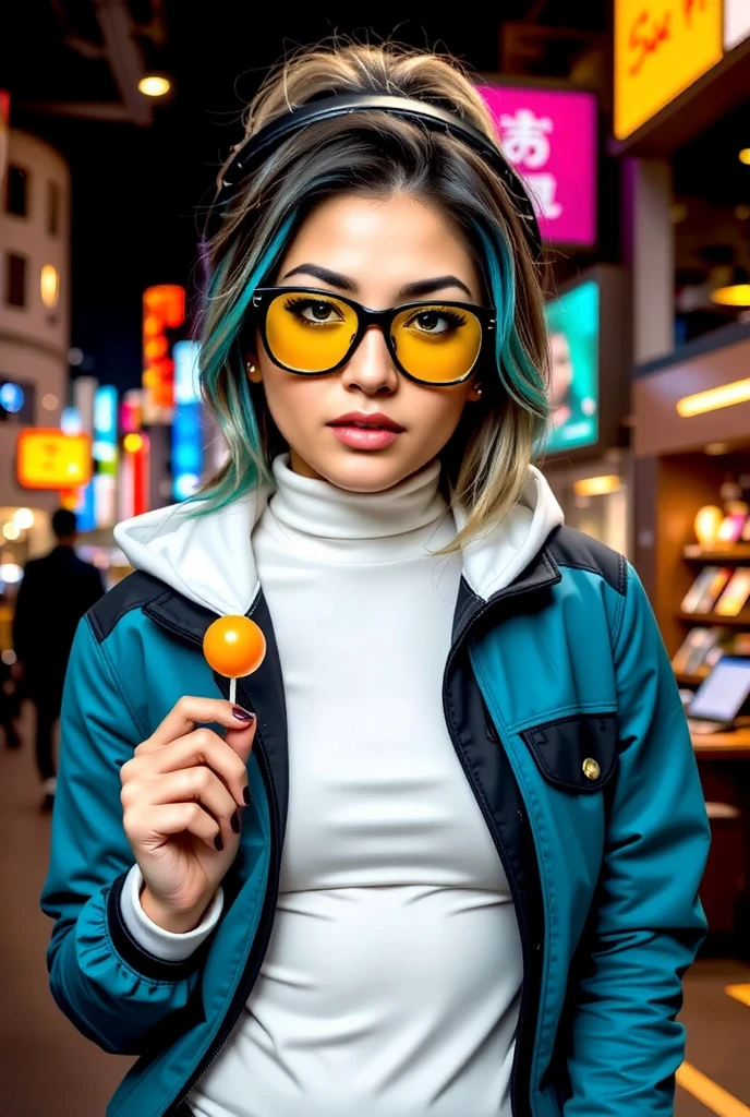 A stylish woman in her 20s. A vibrant and vibrant photo of street punk with a bold, futuristic aesthetic. Cyberpunk Street Warrior adds playful and rebellious energy with spikes and tubular white and blue hair. It forms a dynamic focus by wearing oversized yellow goggles (transparent glasses :1) with an opaque surface that reflects ambient light.
Combined with stylish black over-ear headphones, these goggles combine a modern tech element with a retro cyber vibe. Stylish with orange lipstick. Orange and blue lollipops. For a playful and comfortable attitude.
Her outfit is a bright white hoodie with a black zip vest layered over a teal jacket, in sharp contrast to the white turtleneck that wraps around her neck.