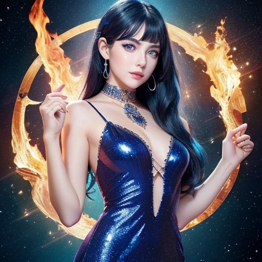 ( High quality , ultra detailed, careful with hand )Zodiac - Sagittarius goddess , similar to latin goodness . Optimistic, fair-minded, funny and intellectual face . Reckless, cold-hearted, impatient, overconfident style . Dark blue eyes (eyes detail) , deep blue hair with bling bling , transparent dress , in the ocean with stars , whole body , fire make up look , god Chiron