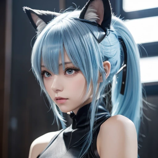 (Emma Watson), woman with blue hair and black ears and a cat ears, beautiful young catgirl, wearing cybernetic bunny ears, portrait of a goth catgirl, very beautiful cute catgirl, girl with cat ears, headshot of young female furry, attractive cat girl, 1 8- year - old goth girl, portrait of jinx from arcane