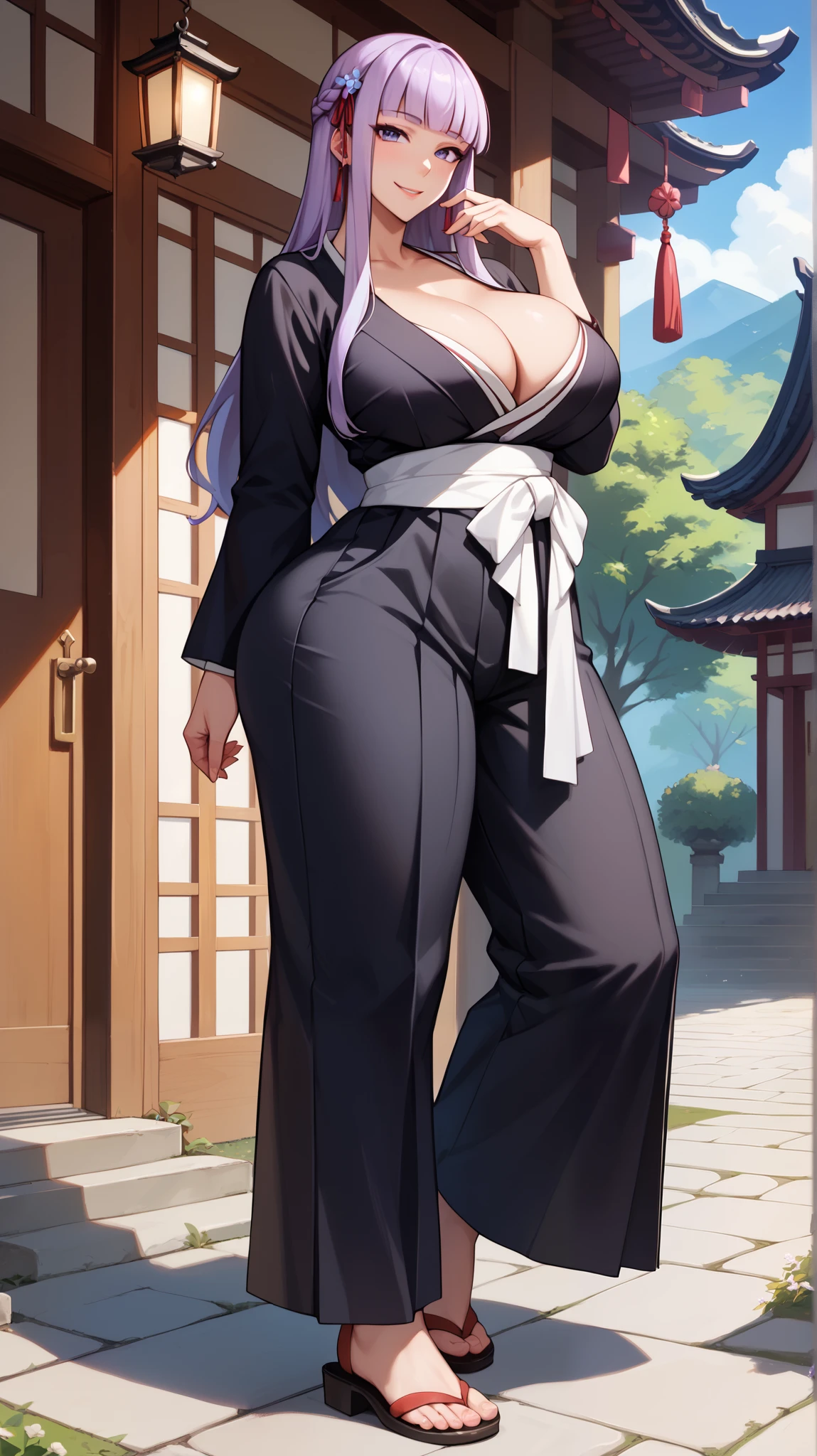 (Uhd, Masterpiece, Textured Skin, Super Detail, High Details, High Quality, Best Quality), Detailed Face, 1woman, mature pretty woman, ((wide hips, thick thighs, huge breasts)), ((Long black hair tied:1.5)), ((Black kimono with feathers), (Pants), (Huge body), hands on hips, (Cultivator), Courtyard with a stone floor, (impressive pose