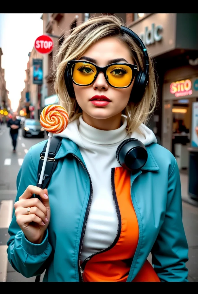 A stylish woman in her 20s. A vibrant and vibrant photo of street punk with a bold, futuristic aesthetic. Cyberpunk Street Warrior adds playful and rebellious energy with spikes and tubular white and blue hair. It forms a dynamic focus by wearing oversized yellow goggles (transparent glasses :1) with an opaque surface that reflects ambient light.
Combined with stylish black over-ear headphones, these goggles combine a modern tech element with a retro cyber vibe. Stylish with orange lipstick. Orange and blue lollipops. For a playful and comfortable attitude.
Her outfit is a bright white hoodie with a orange zip vest layered over a teal jacket, in sharp contrast to the white turtleneck that wraps around her neck.