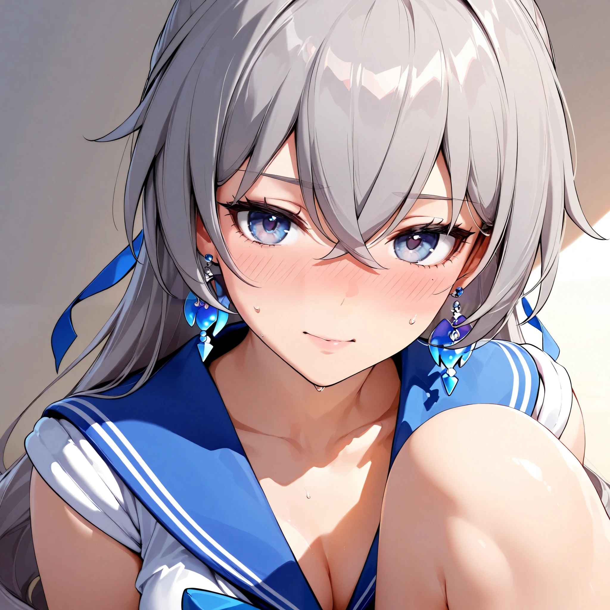 Masterpiece, high resolution, best quality, retina, detailed, super detailed, delicate, dynamic, 3d rendering, UHD, 4k, accurate, realistic, bronya in honkai: star rail, sailor mercury cosplay, full-face blush, aroused, pov, intimate date, sitting side to side, 