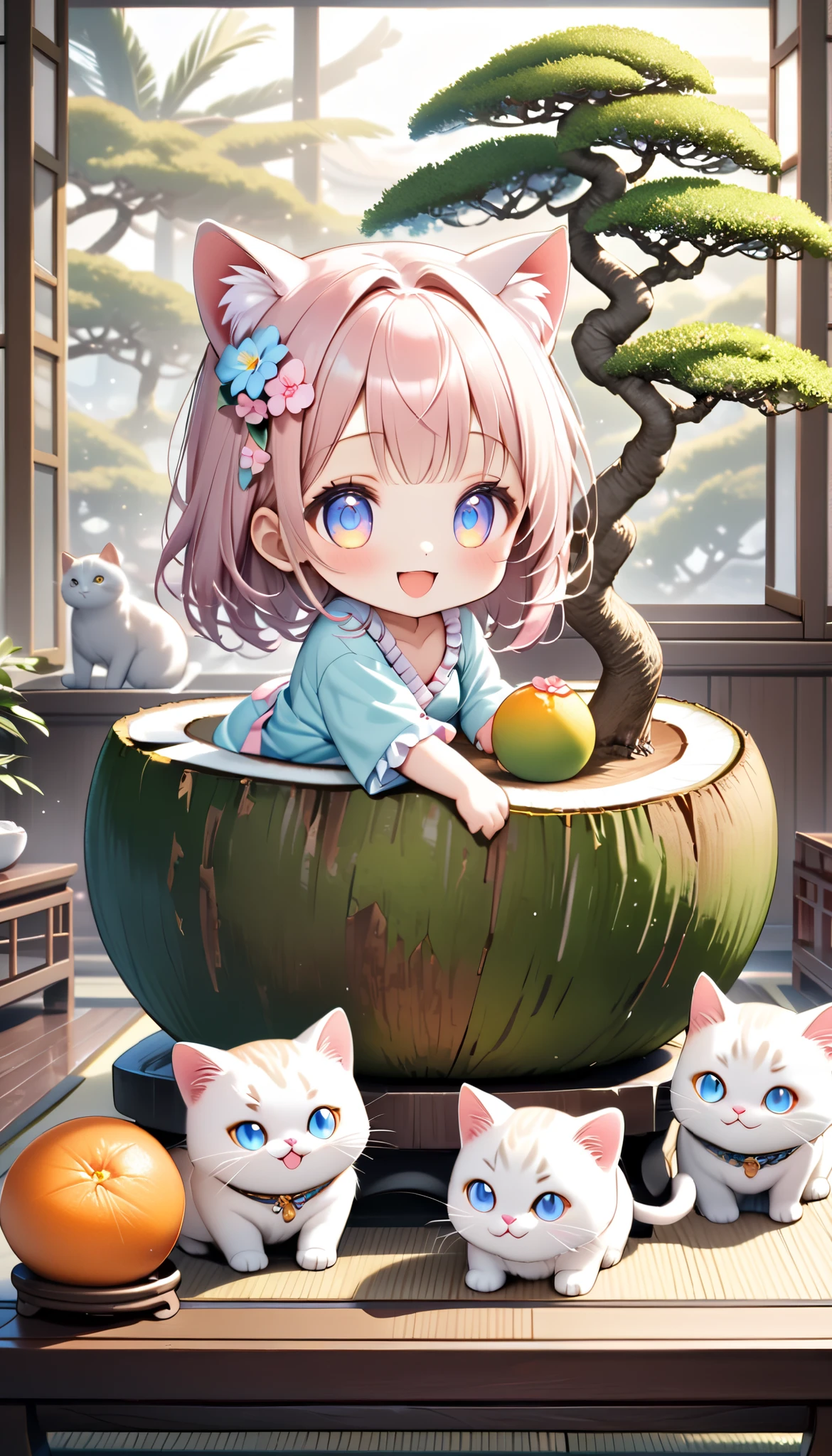 (masterpiece), (ultra-detailed), best quality, clear focus, dramatic scene, cinematic, shadow, (ultra-high resolution), (8k), perfect anatomy, perfect face, (detailed face), (detailed eyes), (chibi), cute Japanese chibi girl, famous Japanese chibi idol, very beautiful and cute and cool face, (wearing a cute pastel colored room wear with frills:1.2), (medium breasts), (She is holding colorful flowers with giant fat cat and showing it to viewers:1.3), (on the coconut bonsai tree in the traditional Japanese room with a cute giant cat:1.3), (Japanese antique table, piles of mandarin oranges are in a basket on the table, on Tatami floor, Japanese antique furnishings with flower decorations), (spectacular huge coconut Bonsai with flower decoration:1.2), gentle sunlight, the cat looks so happy with her, (the cute giant fat cats are climbing a coconut bonsai and mewing:1.35), (detailed giant fat cats with detailed eyes:1.35), detailed cat's eyes, paw, she looks so happy, Outside the window is a snowy scene, happy smile