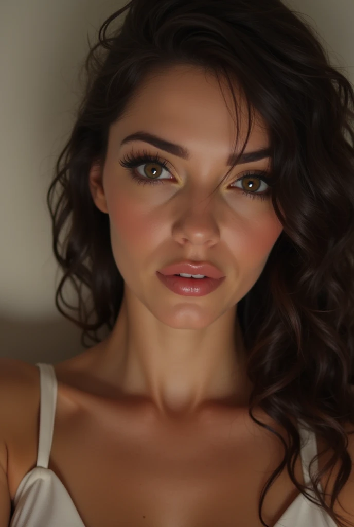 beautiful brunette woman, big breasts, curly hair, surprised half-naked after taking a hot shower, flirtatious look, expressions of surprise, overwhelming and sensuality, exciting, sensual, erotic, (best quality,4k,8k,highres,masterpiece:1.2),ultra-detailed,(realistic,photorealistic,photo-realistic:1.37),HDR,UHD,studio lighting,ultra-fine painting,sharp focus,physically-based rendering,extreme detail description,professional,vivid colors,bokeh,portraits,photography,warm colors,dramatic lighting