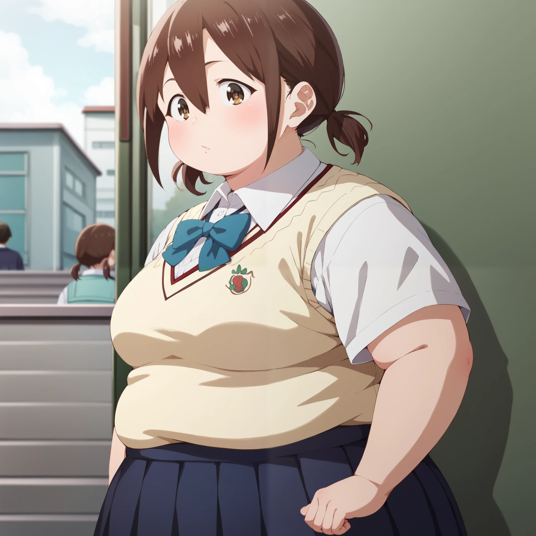 honoka hara, short hair, brown hair, hair between eyes, twintails, brown eyes, low twintails, short twintails, plump,
skirt, shirt, school uniform, white shirt, short sleeves, pleated skirt, collared shirt, blue skirt, sweater vest, fat, chubby, obese, full body shot 