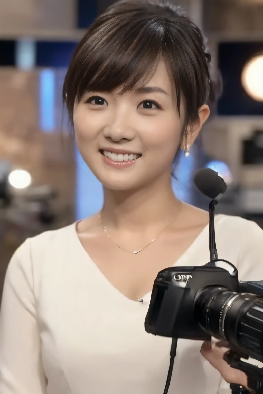 (   Top Quality, 8k, 32K, Masterpiece,    Ultra Fine:1.2),    cute Japanese girl  ,      short black hair ,Breaking news、bangs, 
   Thin Waist,   TV Studio  、  announcer、Live Broadcast、 smile at the camera.々  Camera Angle、Mister、