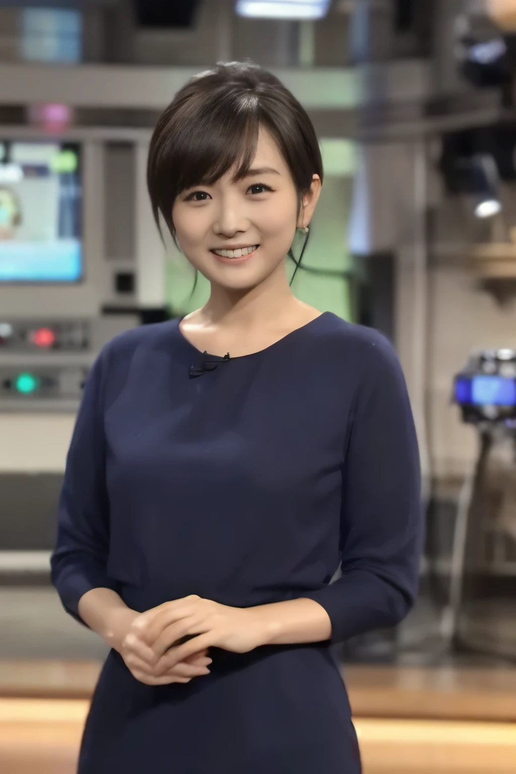 ( Top Quality, 8k, 32K, Masterpiece, Ultra Fine:1.2), cute Japanese girl , short black hair ,Breaking news、bangs,
Thin Waist, TV Studio 、 announcer、Live Broadcast、 smile at the camera.々 Camera Angle、Mister、
