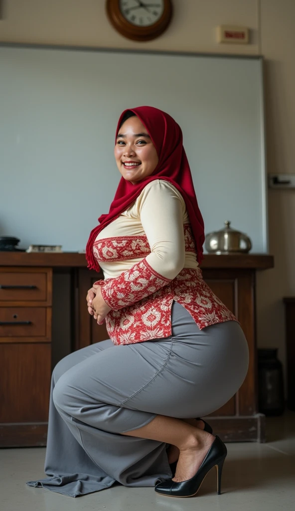 Plump vagina, sweating vagina, Beautiful girl wearing narrow dark hijab malay teenage girl 18 years old, kelantanese look, cute girl face, smiling, eyes looking at camera, grin, big laugh, nude, naked, naked body, sperm on vagina, no clothes, no clothing, big breasts about to burst out, closeup vagina, closeup view, chubby body, showing vagina, vagina view, plump thigh, realistic skin, view from below, spreading legs on desk, in empty classroom, books on table, hand holding smartphone, day time, sun light, 8k resolution, high quality, ultra detail