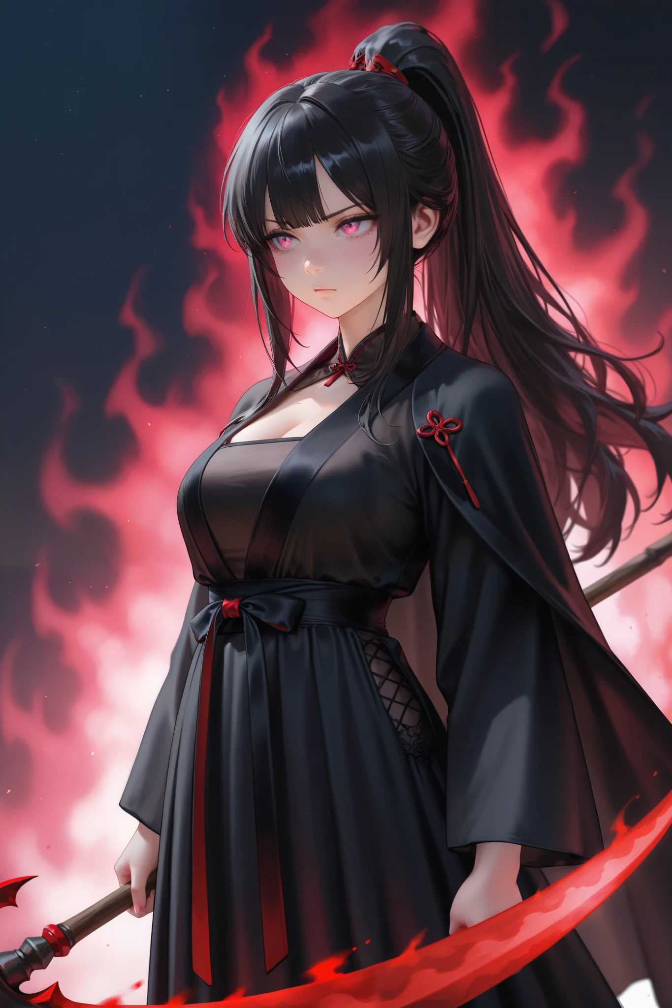 masterpiece, best quality, detailed eyes, semi realistic, 8k, girl, long black hair, ponytail hairstyle, black hanfu dress, black cape, tsundere, pink eye, using traditional scythe, strict emotion, emotionless face, red aura, cute face, night river background, solo charactor, battle situation
