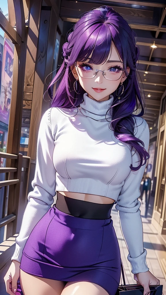 (Masterpiece, Ultra High Definition, Ultra High Quality / 8K Quality), A woman with the most beautiful face and body in history, Anime, Slim body, Tall height, Small face, Very large and full breasts, Thin waist, Big hips, Balanced proportions, Shiny hair, purple hair, bangs bangs, (((Updo hair:1.2))), Beautiful and shining eyes, (Clear purple eyes:1.2), (((Eyes with shining highlights:1.2))), Long eyelashes, Pink lips, ((Precise, beautiful and exquisite hand and five fingers creation)), (((Charming smile))), (Winter casual fashion), (blue Turtleneck sweater), (((Long sleeve short jacket))), (Tight micro mini skirt), (slit skirt), (Elegant appearance), Red rose hair accessory, Elegant design necklace, (Fashion Glasses), (Big earrings), (Bangles), (Ring), Beautiful standing posture like a fashion model, (Shopping at the winter mall background)
