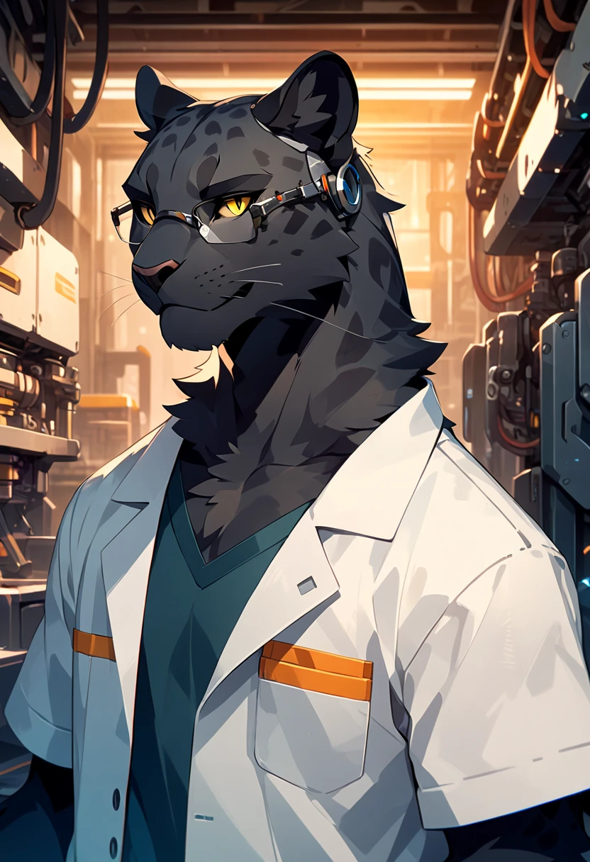 anthropomorphic black leopard with a black pelt wearing a worn lab coat with a t-shirt and grey sweatpants, yellow eyes, furry art, light novel art, detailed anime style, masculine, casual, cool, smirking, workshop background, handsome, engineer, corrective glasses, cyber theme, worker, rugged, young male leopard, detailed furry artwork, close up shot, confident