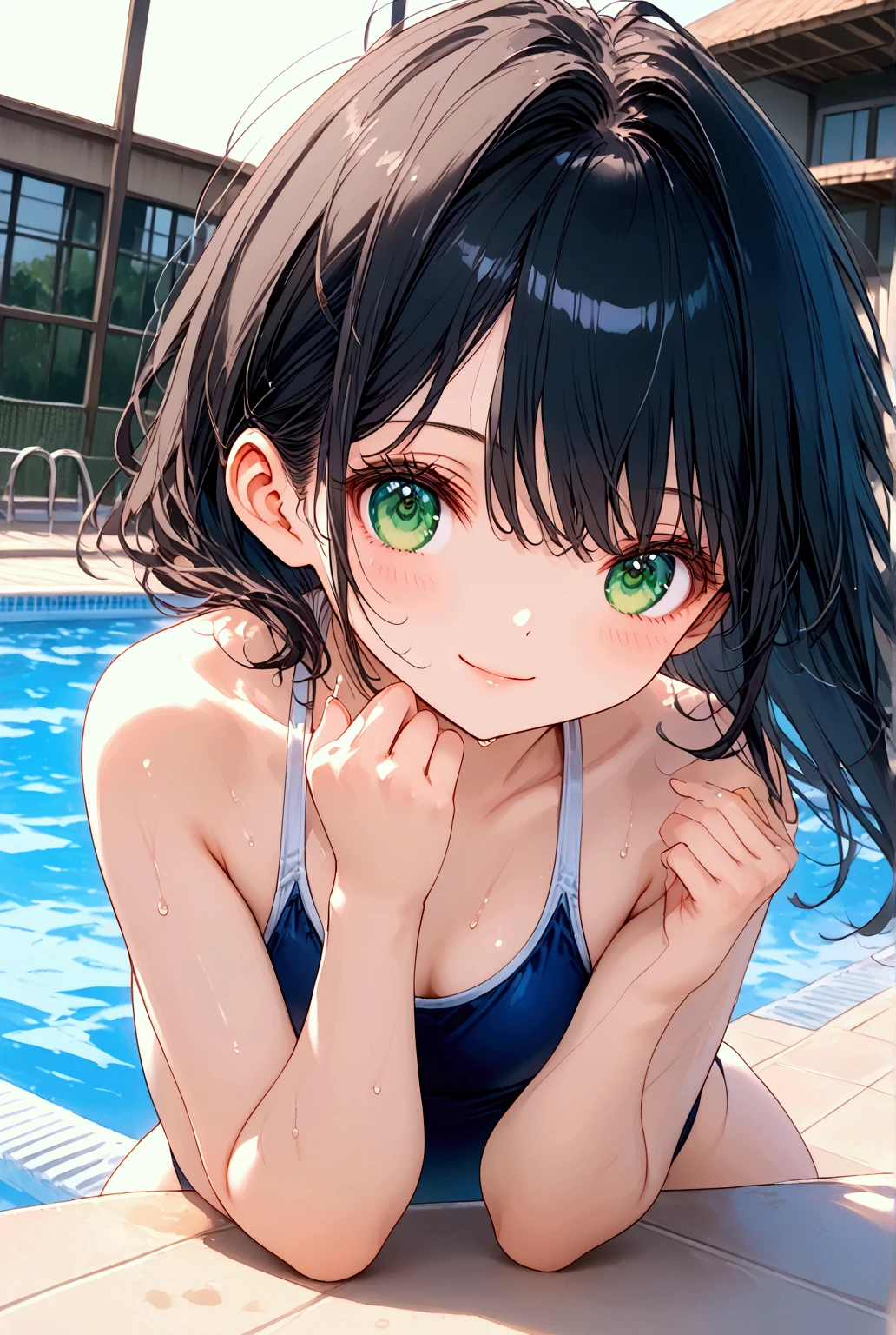  ((masterpiece)), ((best quality)), (ultra-detailed), ((sexy)), (ero), watercolor, school, pool, a cute girl, 1girl, solo, competitive swimwear, beautiful black hair, beautiful green eyes, ((beautiful eyes)), light brown-skinned, smile, cool, wetted by water, sweaty, adjust_the bottom of swimwear, full body, gravure pose