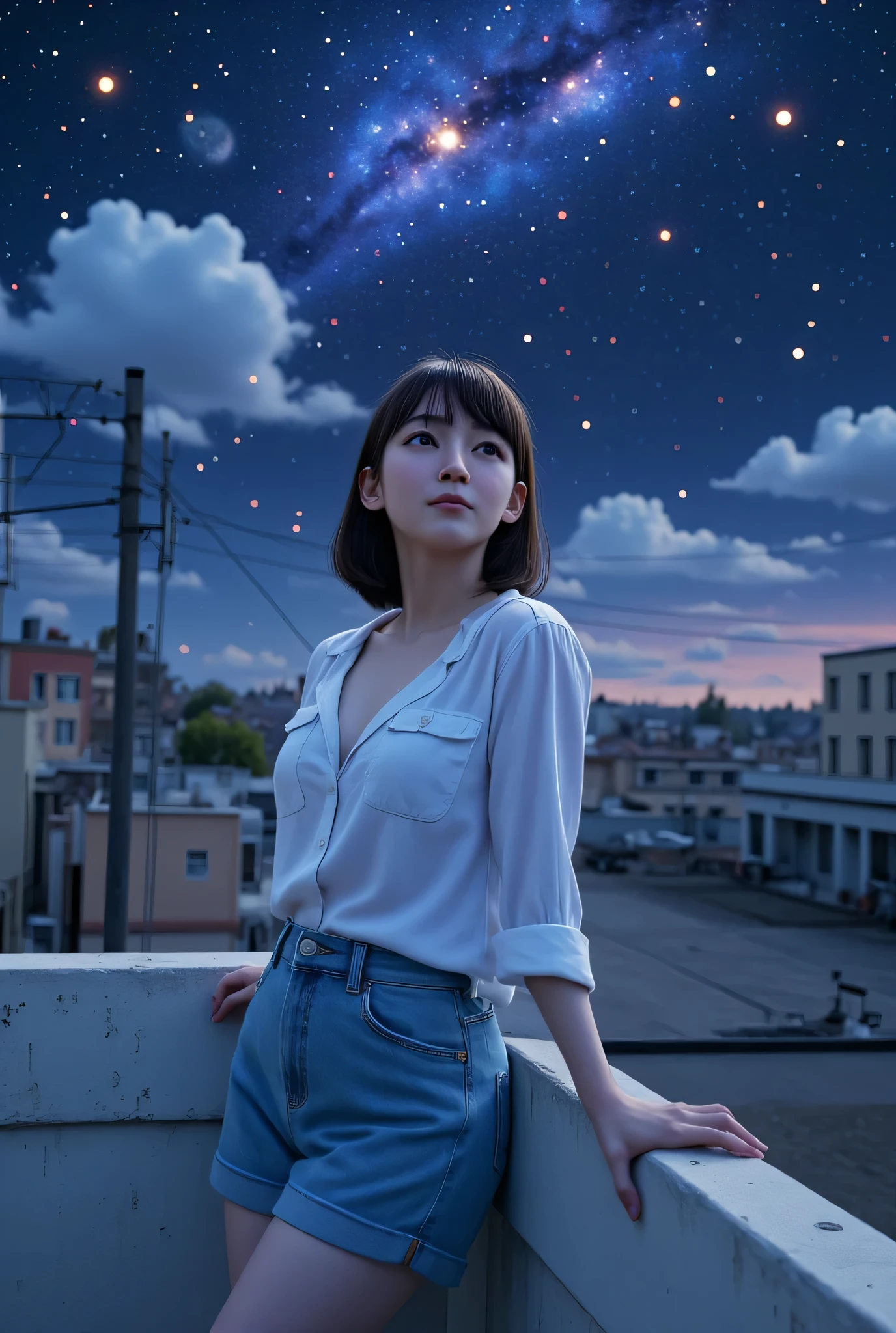 a beautiful girl standing on a rooftop, looking up at the starry night sky, anime style, beautiful detailed eyes, beautiful detailed lips, extremely detailed face, extremely detailed character, 1girl, cinematic lighting, dramatic lighting, glowing stars, sparkling night sky, soft pastel colors, muted colors, serene atmosphere, peaceful, (best quality,4k,8k,highres,masterpiece:1.2),ultra-detailed,(realistic,photorealistic,photo-realistic:1.37),studio lighting,vivid colors,anime art,art by Makoto Shinkai,cinematic composition,dramatic composition