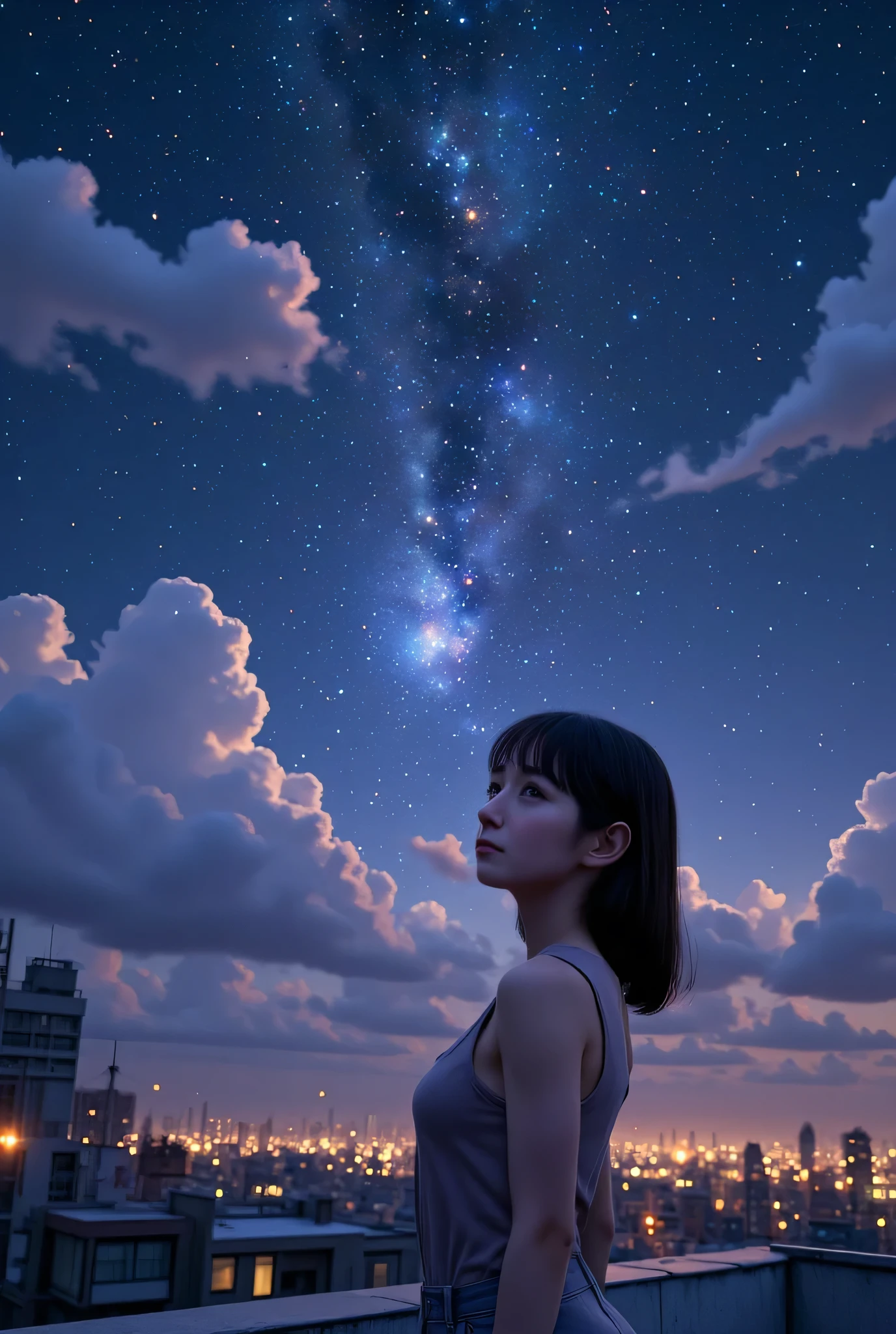 a beautiful girl standing on a rooftop, looking up at the starry night sky, anime style, beautiful detailed eyes, beautiful detailed lips, extremely detailed face, extremely detailed character, 1girl, cinematic lighting, dramatic lighting, glowing stars, sparkling night sky, soft pastel colors, muted colors, serene atmosphere, peaceful, (best quality,4k,8k,highres,masterpiece:1.2),ultra-detailed,(realistic,photorealistic,photo-realistic:1.37),studio lighting,vivid colors,anime art,art by Makoto Shinkai,cinematic composition,dramatic composition