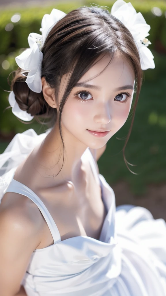 cobalt green wedding dress,white mini skirt,(sweat:0.7),woman in Alps,japanese,cute face, beautiful face,bare shoulders,shoulders all exposed,translucent skin,black eyes,black hair,(photorealistic:1.4),realistic details, high resolution,bokeh,outstanding details
