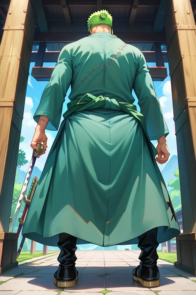 (roronoa zoro, muscular male, scar, japanese clothes, green kimono, Zoro), Zoro is with one knee on the floor looking at the skys with his two katanas in each hand, (view from behind below), (full body), (dramatic angle)