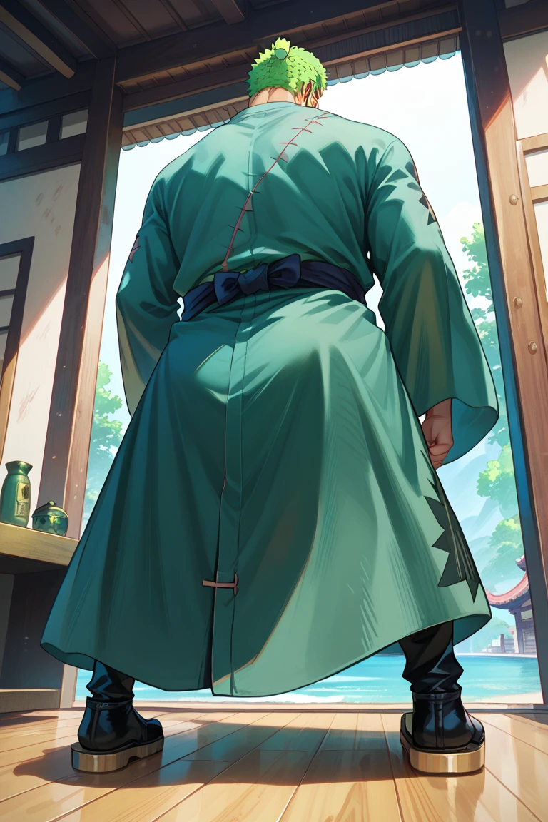 (roronoa zoro, muscular male, scar, japanese clothes, green kimono, Zoro), Zoro is with one knee on the floor looking at the skys with his two katanas in each hand, (view from behind below), (full body), (dramatic angle)