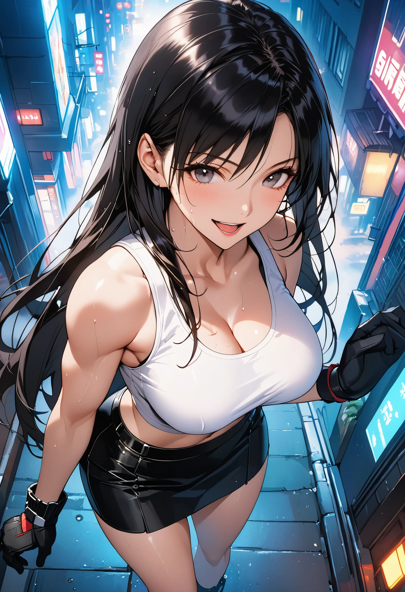 masterpiece, Best Quality, High resolution,16k,official art,super detailed skin,detailed,animated painting, (Tifa Lockhart:1.3),1990s \(style\),(white tanktop,black mini skirt,black glove:1.3)、(G-cup beautiful breasts)、clevage, (tall:1.3),height: 170cm,Fashion model body type、Sweating all over the body、vapor、(Muscular:1.4)、abdominal muscle,(sexy),nsfw,Sweaty、Configuration from the front、from above,happy,big laugh,Ahegao、Anime-style painting style,black hair,long hair,Close up on full body,Cinematic lighting,Superfine,in the city,night,winter,cyberpunk,(sexy),extreme closeup,sexy pose