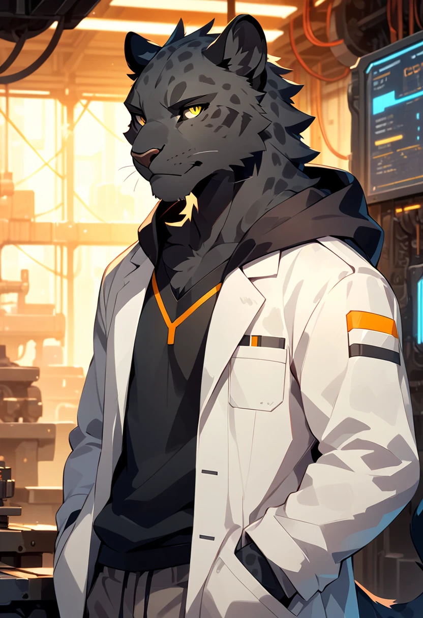 anthropomorphic black leopard with a black pelt wearing a worn dirty lab coat with a black hoodie underneath and grey sweatpants, yellow eyes, furry art, light novel art, detailed anime style, masculine, casual, cool, smirking, workshop background, handsome, engineer, corrective glasses, cyber theme, worker, rugged, young male leopard, detailed furry artwork, close up shot, confident