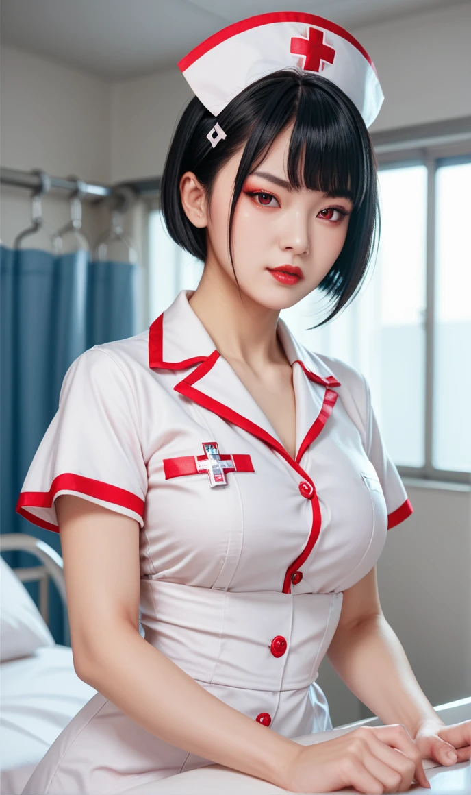 , bangs,  black hair,  shortcut,  Nurse、hospital、Nurse uniform、
ピンクのNurse uniform、 frowning ,  derogatory gaze, Red face, 