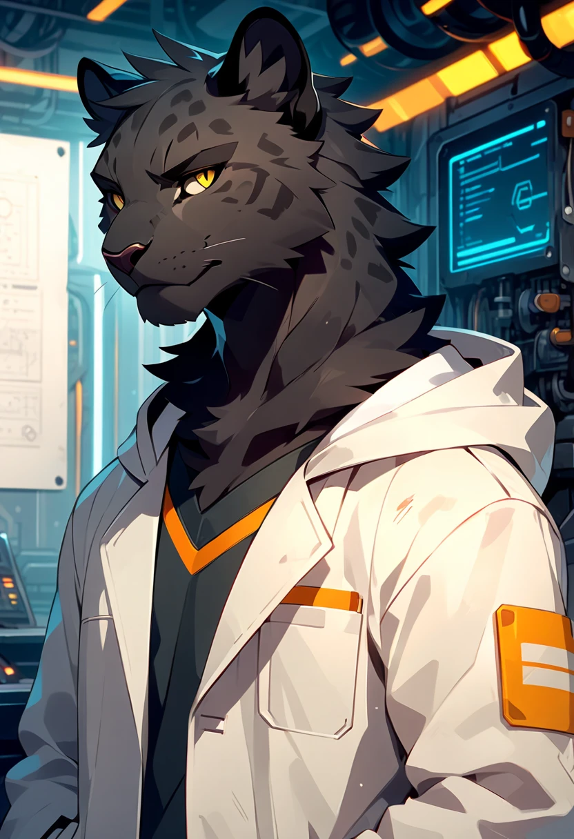 anthropomorphic black leopard with a black pelt wearing a worn dirty lab coat with a black hoodie underneath and grey sweatpants, yellow eyes, furry art, light novel art, detailed anime style, masculine, casual, cool, smirking, workshop background, handsome, engineer, corrective glasses, cyber theme, worker, rugged, young male leopard, detailed furry artwork, close up shot, confident