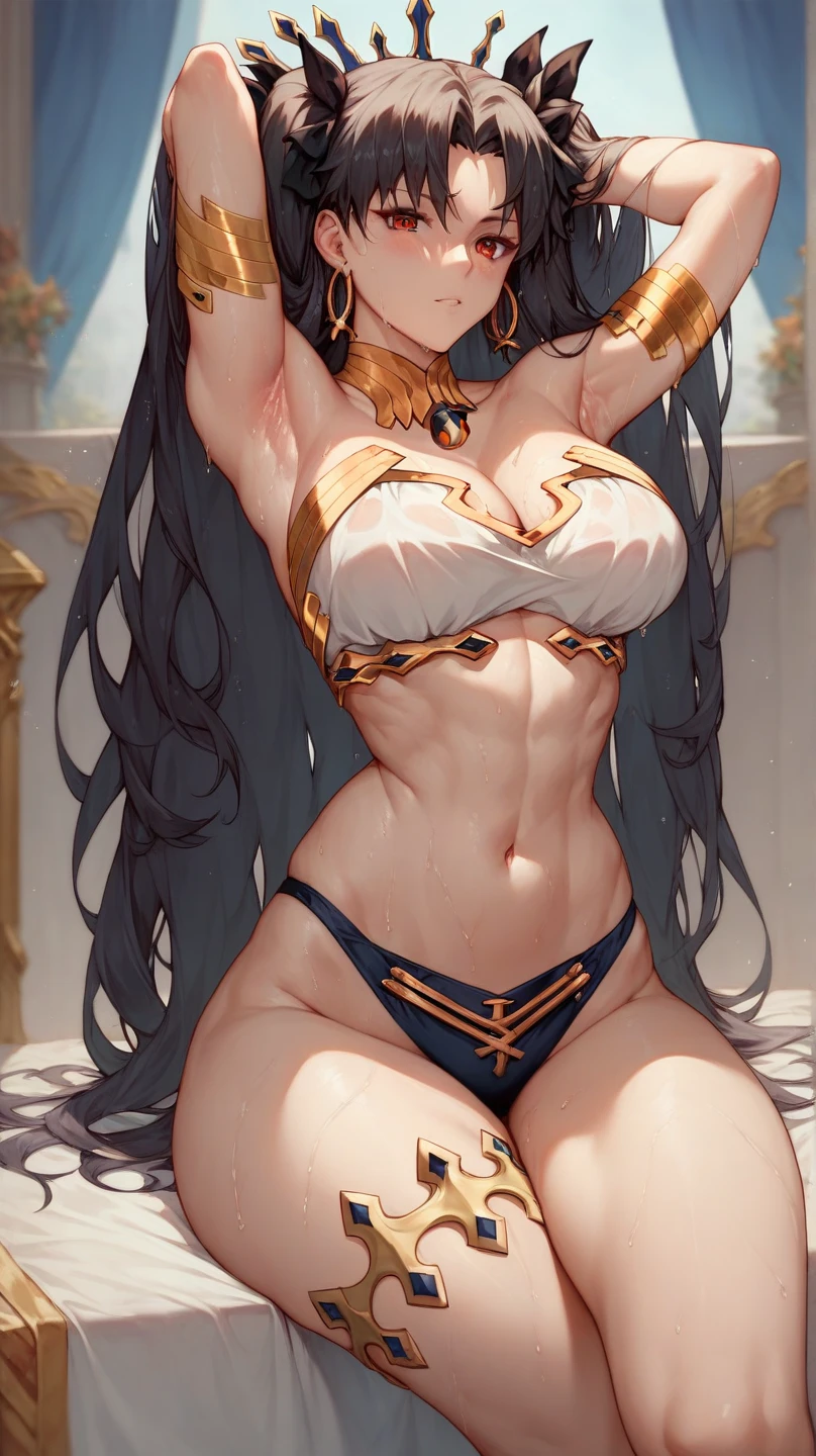 No bra, sexy lingerie, no bra, ishtar, fate, grabbing breasts, squeezing breasts, white skin, pale, day hotel room, lying in bed, sensual smile, 4k, best quality, masterpiece, beautiful body, sensual, whole body