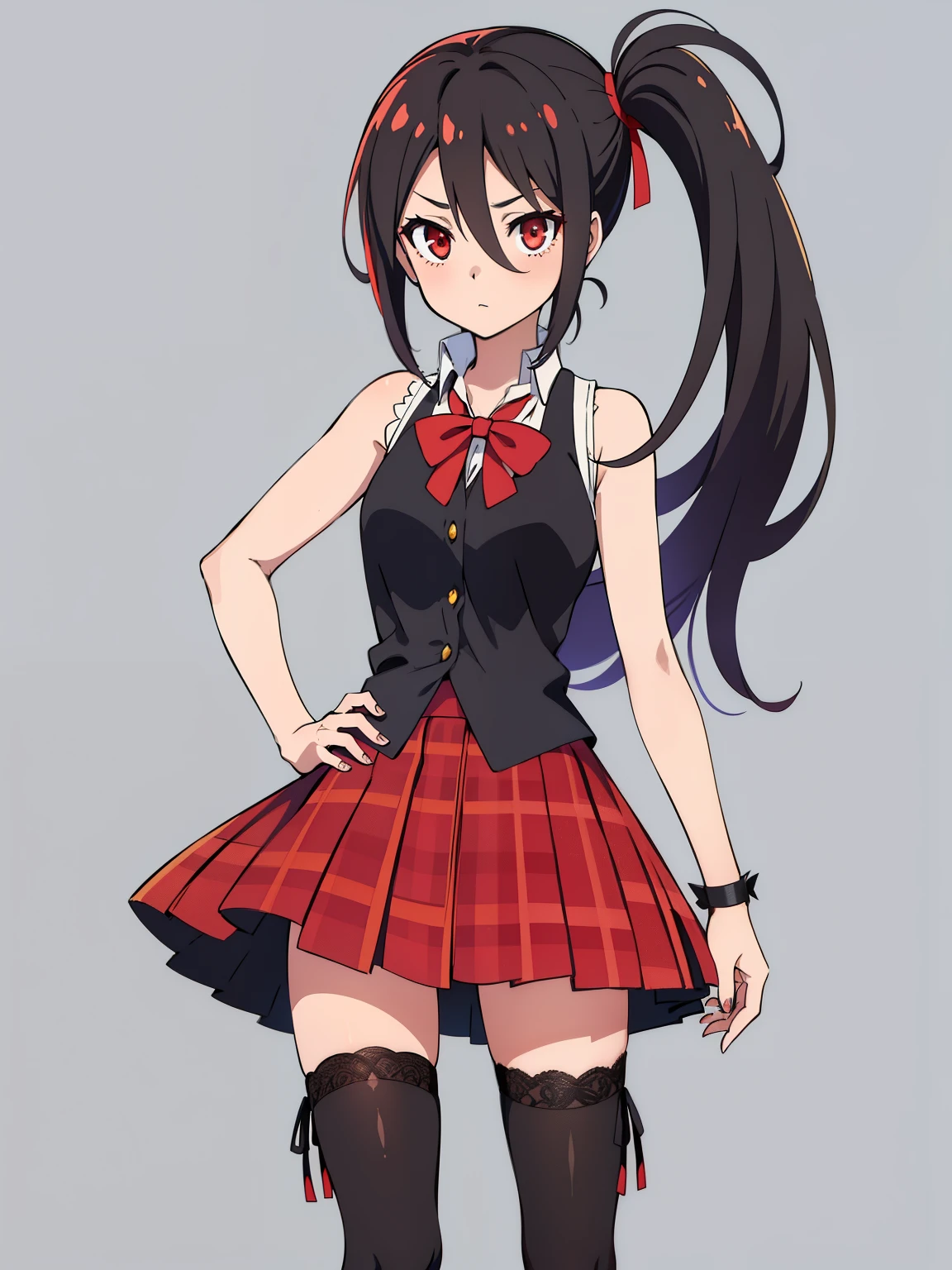 (high-quality, breathtaking),(expressive eyes, perfect face) 1girl, female, solo, ager, black color hair, red highlight in hair, red eye color, short hair length, fluffy spiky hair, Symmetrical Eyes, portrait, positive expression, grey background, narrow eyes, fserah, side ponytail, sleeveless white dress shirt, red plaid-pleated skirt lined with black lace, black thigh-high stockings, serah farron outfit, bmb-fc, half open eyes,