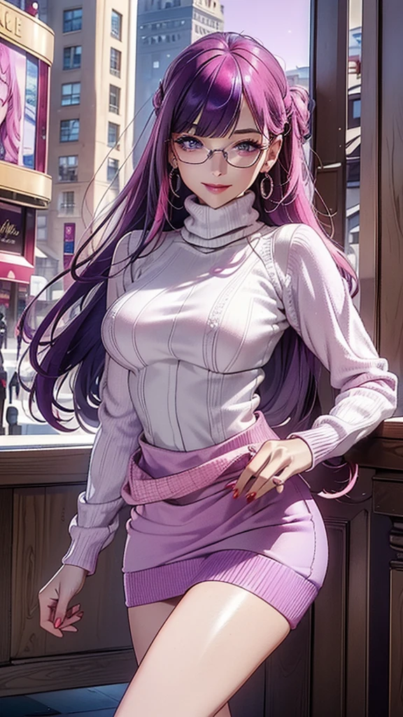 (Masterpiece, Ultra High Definition, Ultra High Quality / 8K Quality), A woman with the most beautiful face and body in history, Anime, Slim body, Tall height, Small face, Very large and full breasts, Thin waist, Big hips, Balanced proportions, Shiny hair, purple hair, bangs bangs, (((Updo hair:1.2))), Beautiful and shining eyes, (Clear purple eyes:1.2), (((Eyes with shining highlights:1.2))), Long eyelashes, Pink lips, ((Precise, beautiful and exquisite hand and five fingers creation)), (((Charming smile))), (Winter casual fashion), (((pink Turtleneck sweater))), (((Long sleeve short jacket))), (Tight micro mini skirt), (slit skirt), (Elegant appearance), Red rose hair accessory, Elegant design necklace, (Fashion Glasses), (Big earrings), (Bangles), (Ring), Beautiful standing posture like a fashion model, (Shopping at the winter mall background)
