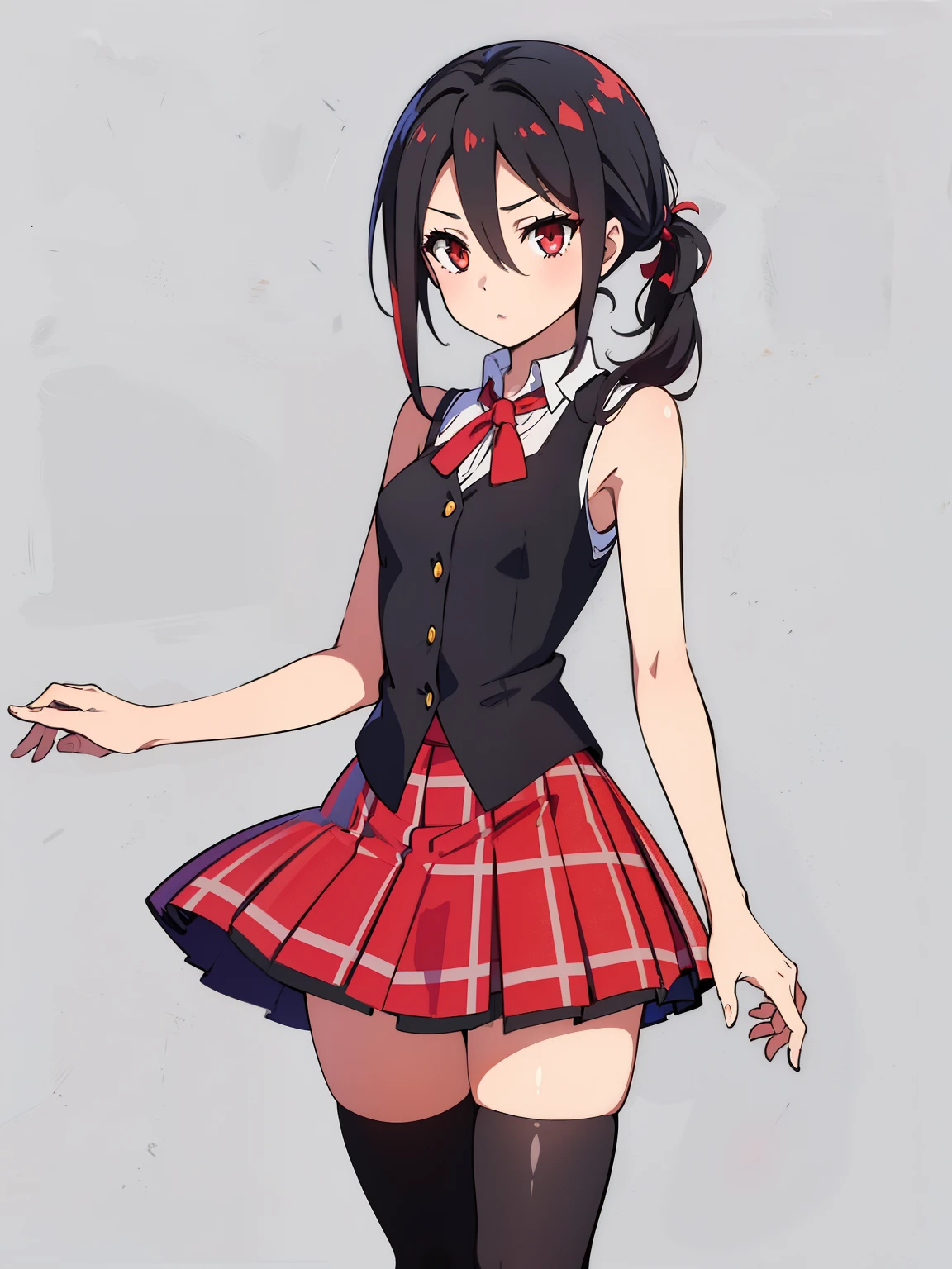 (high-quality, breathtaking),(expressive eyes, perfect face) 1girl, female, solo, ager, black color hair, red highlight in hair, red eye color, short hair length, fluffy spiky hair, Symmetrical Eyes, portrait, positive expression, grey background, narrow eyes, fserah, low ponytail, sleeveless white dress shirt, red plaid-pleated skirt lined with black lace, black thigh-high stockings, serah farron outfit, bmb-fc, half open eyes, braid
