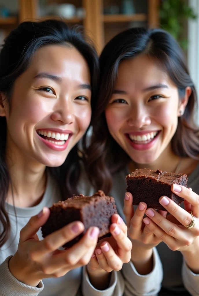 Best-quality, Masterpiece, Ultra-High-Resolution, (Photorealistic:1.4), Raw-Photo, lesbian-couple, having a lot of fun at cake-shop, detailed cake-shop, (((both looking at each other))), both innocent smile, Various types of cakes lined up in showcase, both extremely beautiful big-black-eyes, extremely beautiful face, extremely cute face, extremely beautiful hair, black-short-cut-haired, brown-long-haired, 15-years-old and the most popular Japanese idol, 25-years-old and the most popular Japanese actress