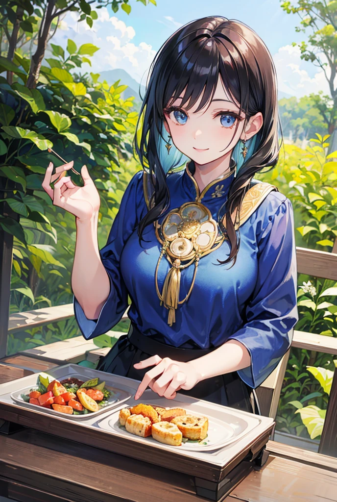 Masterpiece, best quality,Solo, cowboy shot,Sonoda umi love live, Chinese dress, cleavage cutout, flowers printed, day,golden eyes,(blushing:1.2),high side slit , thighs , restaurant , from side , leaning over table