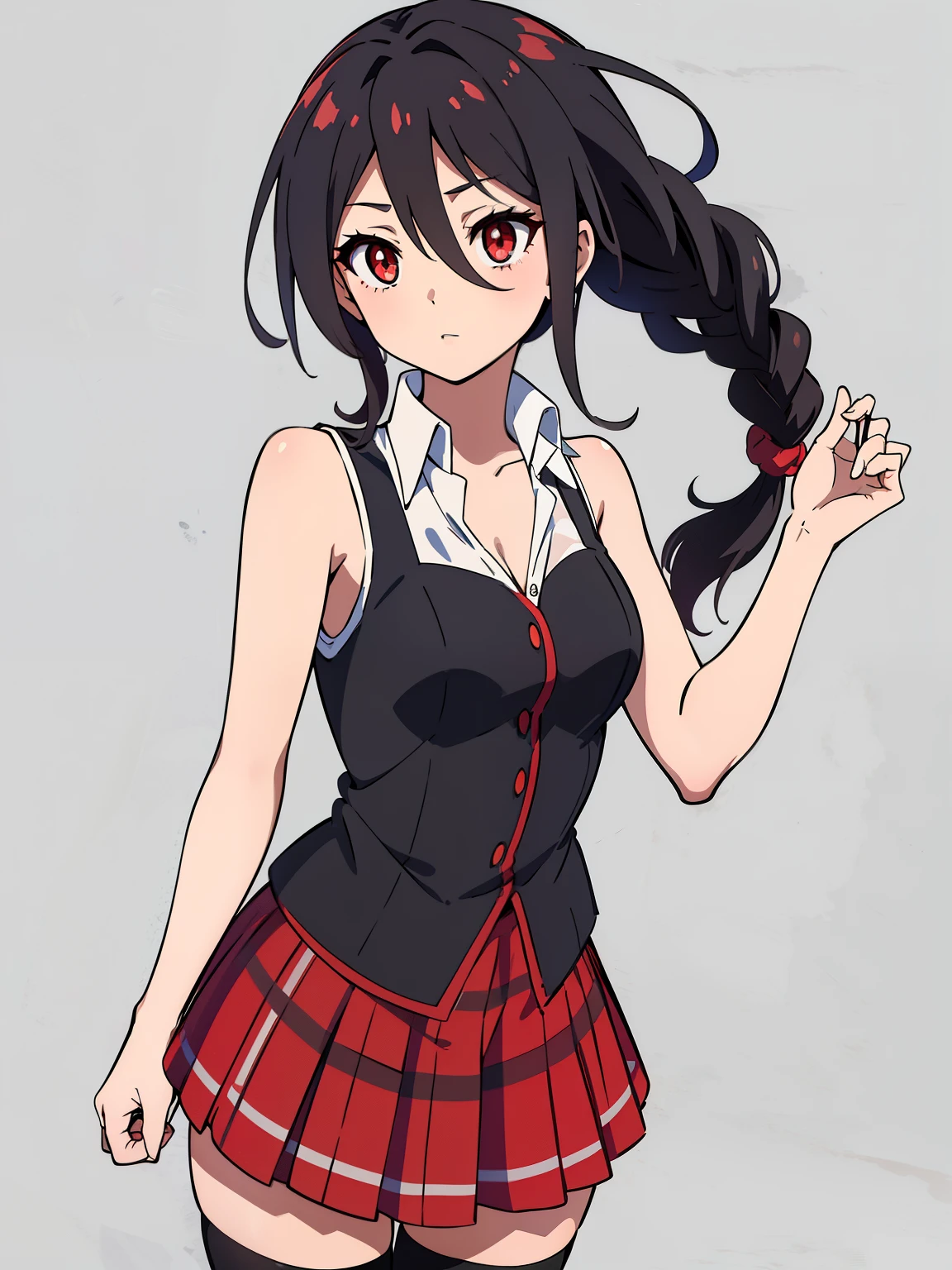 (high-quality, breathtaking),(expressive eyes, perfect face) 1girl, female, solo, ager, black color hair, red highlight in hair, red eye color, short hair length, fluffy spiky hair, Symmetrical Eyes, portrait, positive expression, grey background, narrow eyes, fserah, low ponytail, sleeveless white dress shirt, red plaid-pleated skirt lined with black lace, black thigh-high stockings, serah farron outfit, bmb-fc, half open eyes, braid
