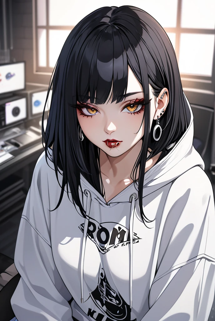  streaming room、 black hair、woman、 hoodie、Lip Piercing、 digital art