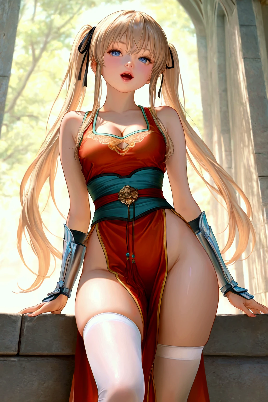 (sawamura_spencer_eriri:1.0), medium breasts, (very long hair:1.0),  seductive_smile, open mouth, , 
gufeng, guofeng, chinese clothes, hanfu, white thighhighs,
 1girl, solo_focus, eyelashes, breasts, cleavage, thick thighs, wide_hips,  bust shot, 
masterpiece, best quality, realistic, 8k, official art, cinematic light, ultra high res, perfect female body, sharp focus, 
HDR, 8k, amazing quality, very aesthetic, absurdres, newest, detailed skin, detailed eyes, detailed hair, fantasy, photorealistic, photo background,  
uncensored, textless_version , 