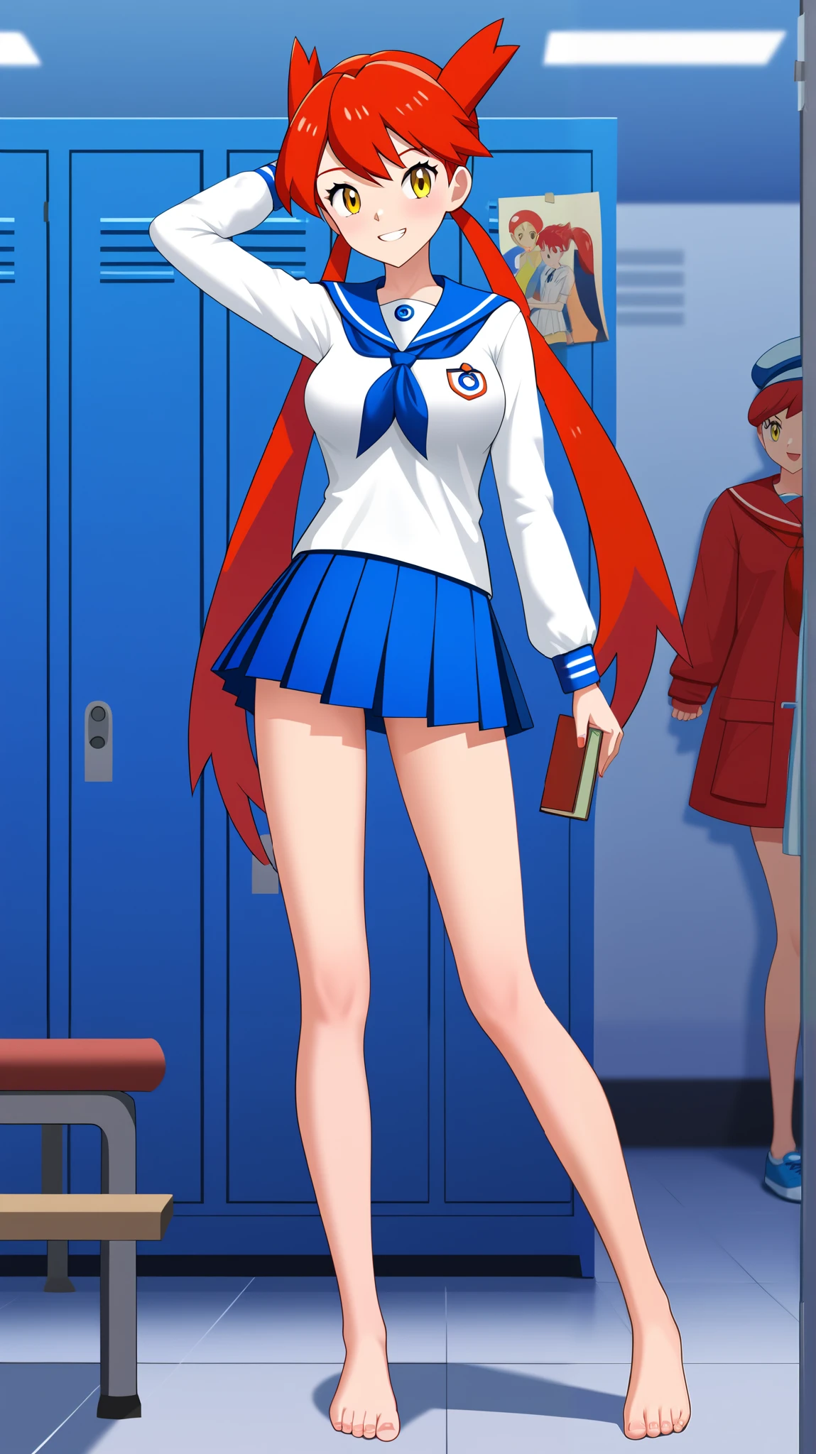 (( best quality )), ((masterpiece)), (( Details)), 1girl, Two legs, two arms, Red hair color,  Twin Tails,  long hair, Yellow Eyes, Ample breasts,  Tall,  Audience , 1 Female, Age 18,  long sleeve sailor suit,  blue pleated mini skirt ,  high school girl, barefoot,  sexy smile,  seductive smile , Changing raw clothes, Slim figure,  is standing,  ANIME COLORING BOOK, Women&#39;s locker room,  score_9,  score_8_Excellent,  score_7_Excellent,  score_6_Excellent,  source_Anime,  cell shading,  flat color, vector, (\ Pokémon\), 