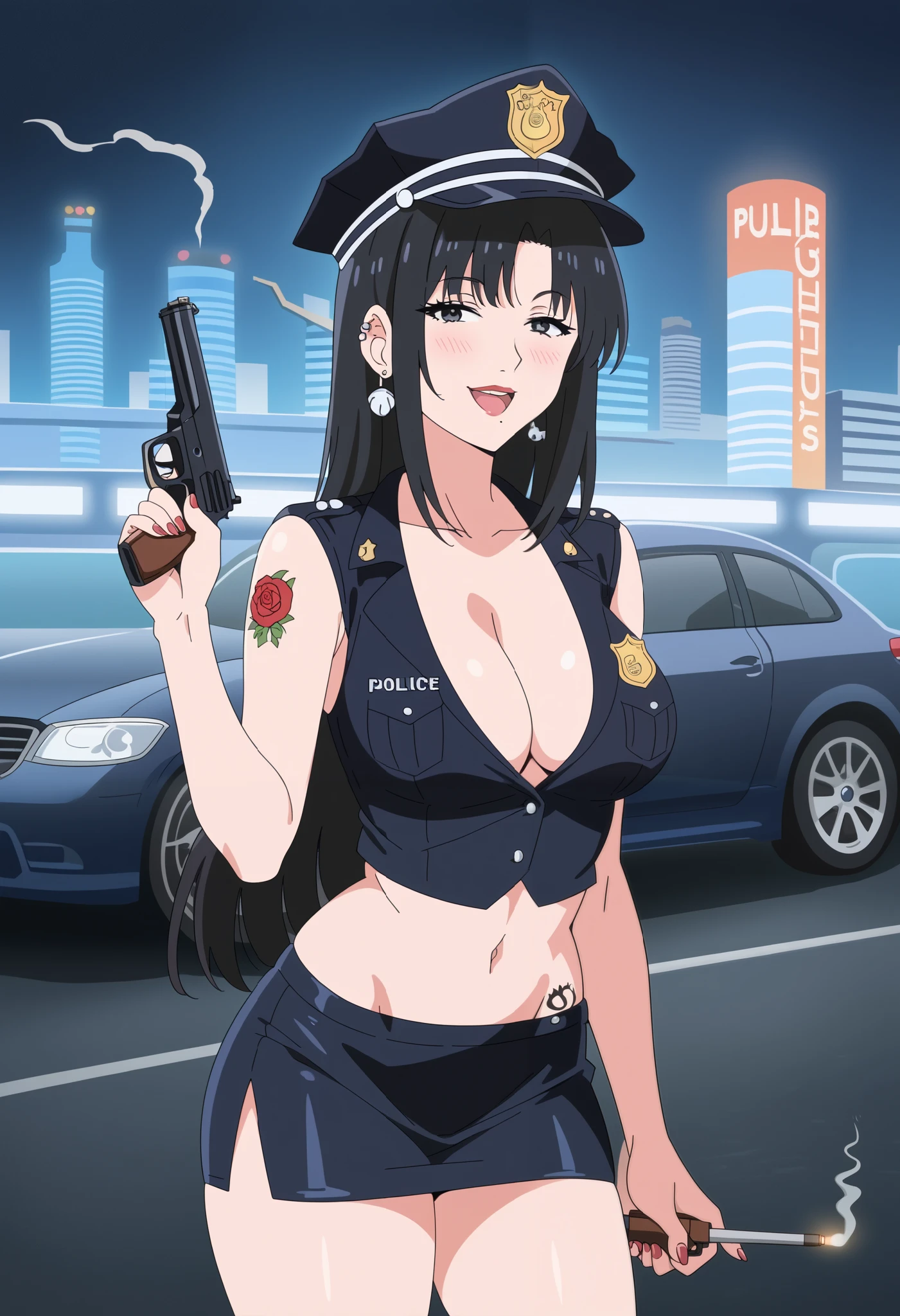 mm,mature female,1girl,solo,black hair,mole under mouth,medium breasts,long hair,lipstick,, ear piercing, long hair, blush, lipstick,Hot girl, baddie, smoking, sensual, attractive ,bar
background, inside bar,indoors, cityscape, casino, nightclub, city lights,masterpiece, best quality, highly detailed, a anime girl in police uniforms , police outfit, military outfit,
open mouth, cleavage, evil smile, smile, ecchi anime style, anime girl, digital anime art!!, in anime
style, (nsfw) not safe for work, official artwork, , beautiful anime girl, anime style 4 k, micro pencil
skirt, pencil skirt, micro skirt, exposed
belly, exposed navel, exposed midriff, exposed lower belly, holding a gun, holding pistol,next to police
car,outdoor,street,road, police car, nipple slip, holding a gun, dragon tattoo, narrowed eyes, tattoo midriff, 