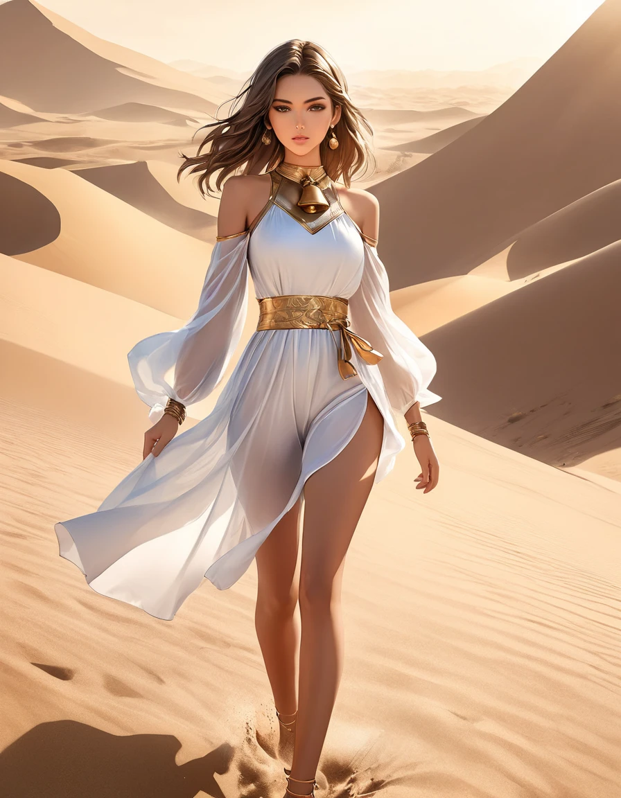 Overall view, whole body,   swimming in the sand :1. 5 Arafed Walking in the Desert in an Arab Outfit,  Raymond Swanland Style , whole bodyのCG Society,20 years. Model Girl, [ CG Social Trends ]!!, Art Station HD Trends, CG Association Masterpiece, cgsociety 9,  Bell Beetle Julie Artgerm , Art Station 4K Trends 