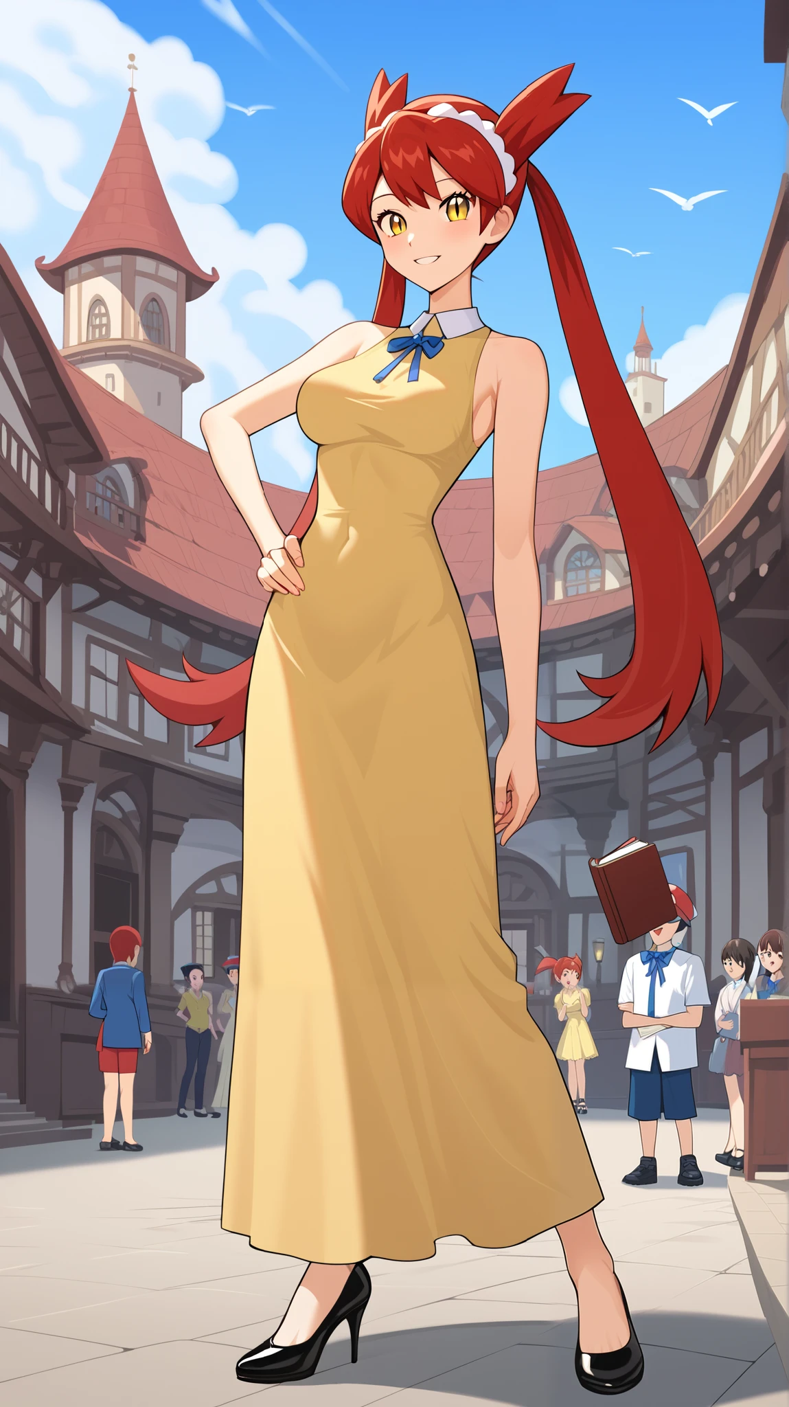 (( best quality )), ((masterpiece)), (( Details)), 1girl, Two legs, two arms, Red hair color,  Twin Tails,  long hair, Yellow Eyes,  Long Slit Dress ,  beautiful feet,  thighs,  black high heels,  Tall,  ANIME COLORING BOOK,  Audience , 1 Female, Age 18,  is standing, whole body, Place one hand on hip,  slim figure,  sexy smile,  seductive smile , town, (\ Pokémon\),  score_9,  score_8_Excellent,  score_7_Excellent,  score_6_Excellent,  source_Anime,  cell shading,  flat color, vector, Ample breasts,